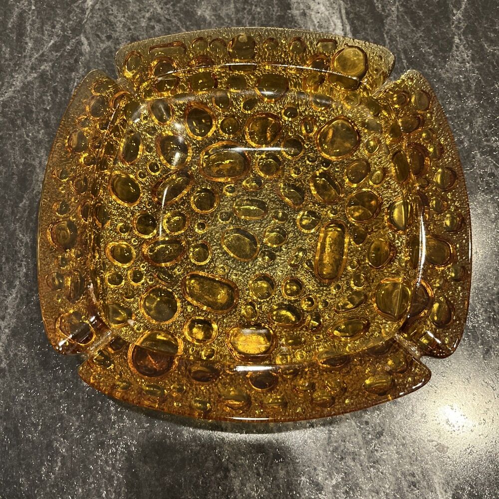 Libbey Bubble Glass Pebble Beach Ashtray Amber Vintage MCM Large 8.25" Size